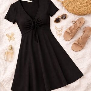 BP Black Ribbed Mini Dress 1X NWT Ruched Tie Front Casual Flowy